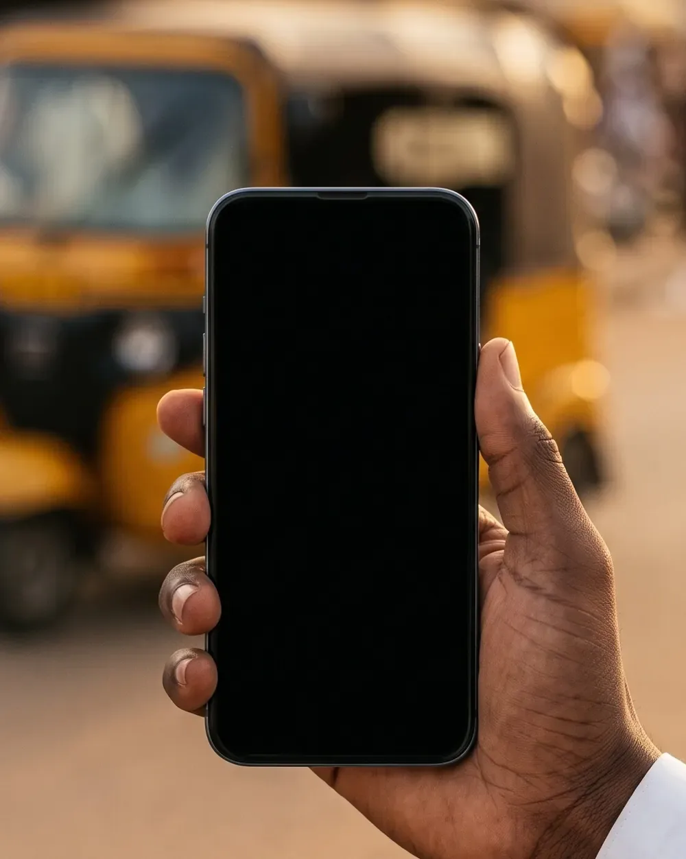 A hand holding a phone at the roadside, with the Deza app open